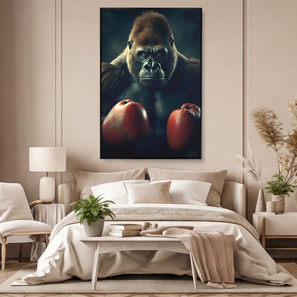 Tablou canvas cu tablou canvas cu gorila boxer, in rama de aluminiu negru, pe perete intr-un dormitor